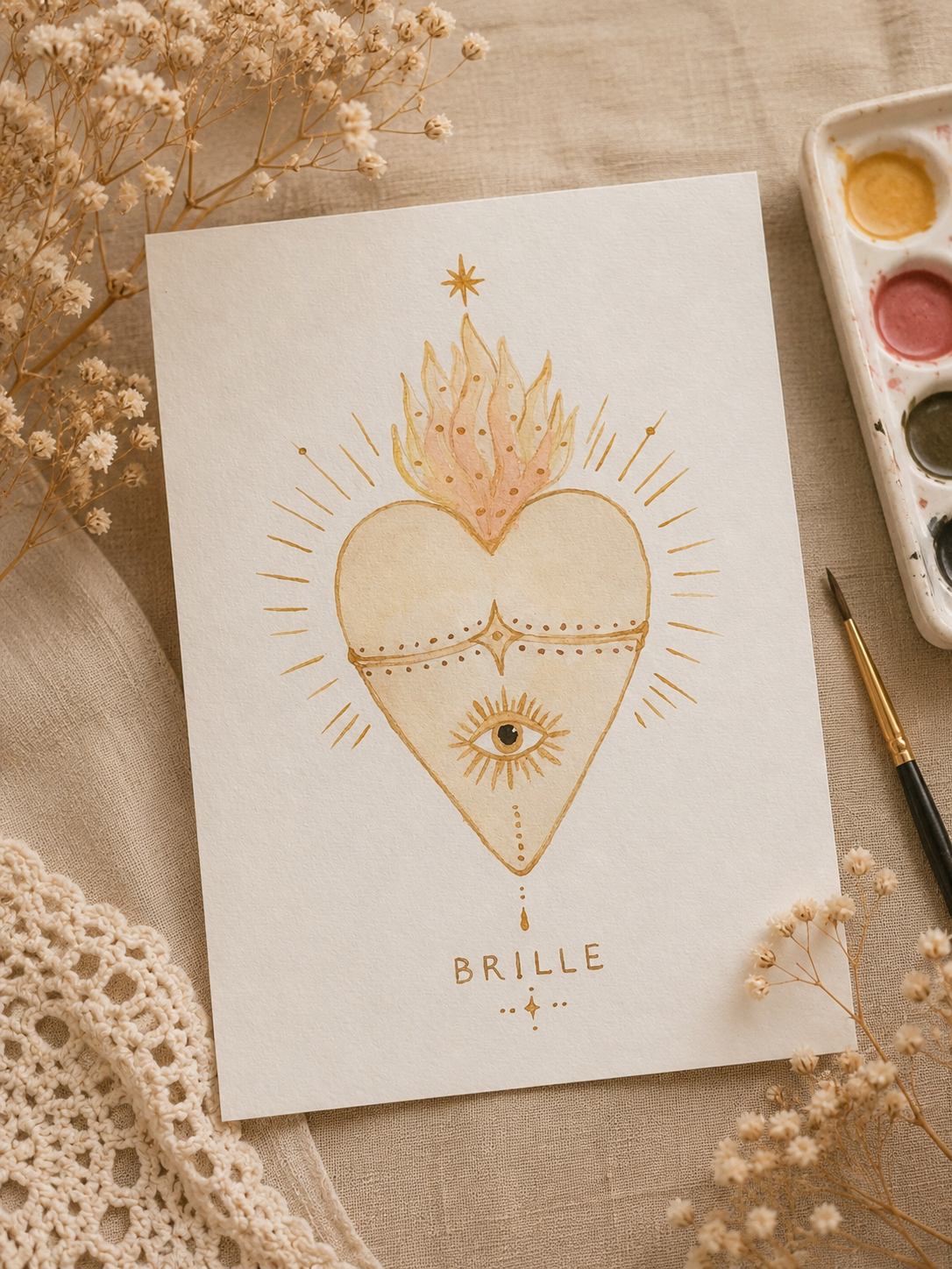 Aquarelle « Brille » — cœur doré rayonnant