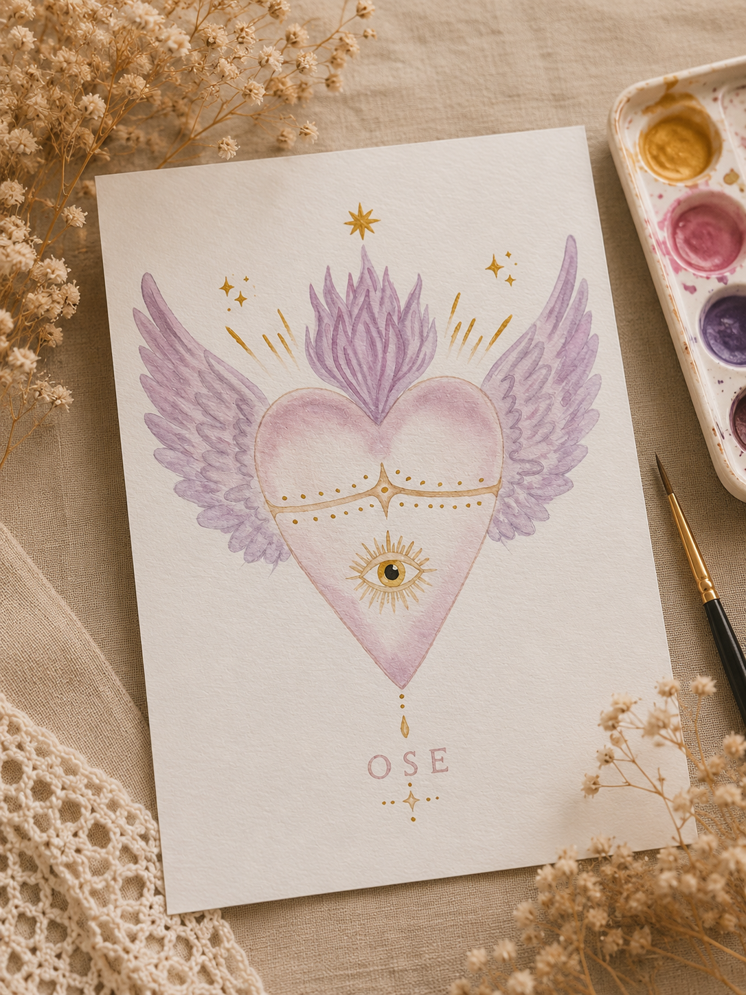 Aquarelle « Ose » — cœur ailé violet