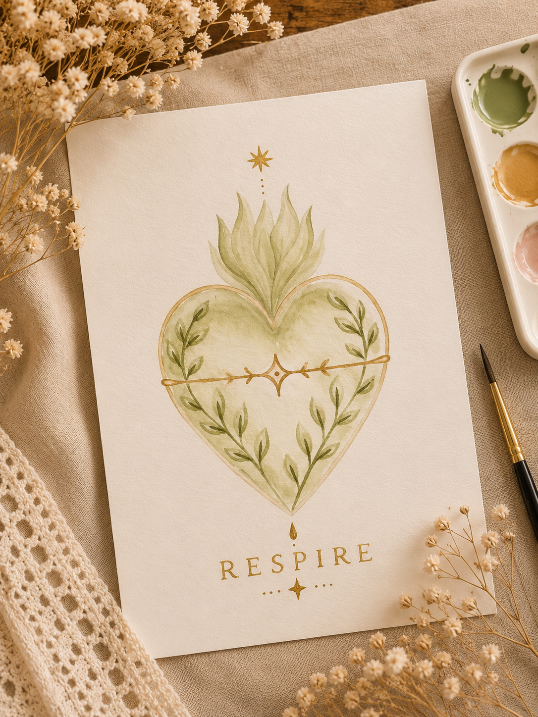 Aquarelle « Respire » — cœur vert et feuillage